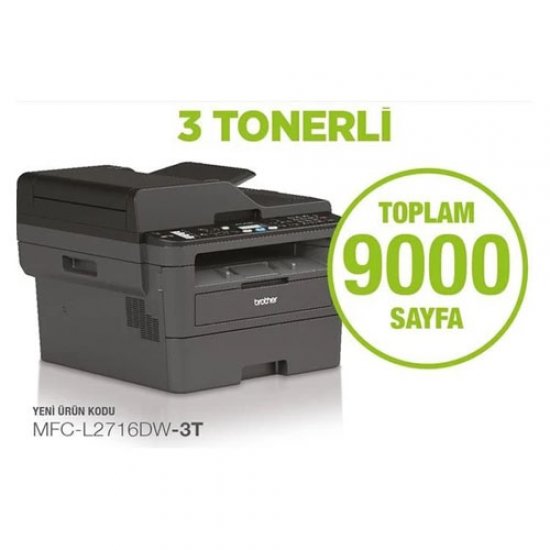 BROTHER LaserJet MFC-L2716DW-3T Mono A4 Yazıcı Fotokopi Tarayıcı Fax Dublex 34 ppm S/B USB 2.0, Network, Wi-fi