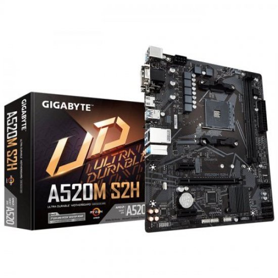 GIGABYTE AMD A520M-S2H A520 DDR4 5000(OC) MHz M2 PCIe NVME HDMI DVI PCIe 16X v4.0 AMD AM4