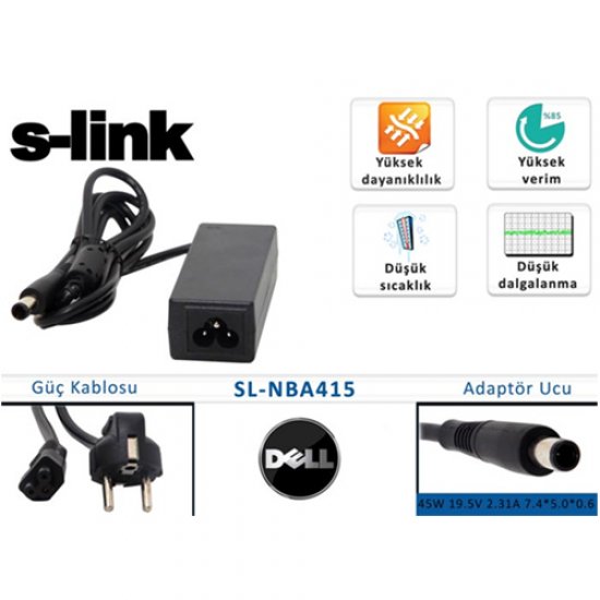 S-LINK SL-NBA415 19.5V 2.31A 45W 7.4-5.0-0.6 DELL NOTEBOOK ADAPTÖRU