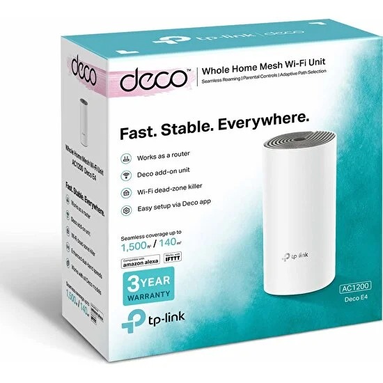 TP-LINK DECO E4 (1-PACK) MESH WIFI SISTEMI 2 Port 300 + 867 Mbps 1LI PAKET AC1200 TUM EVI KAPSAYAN