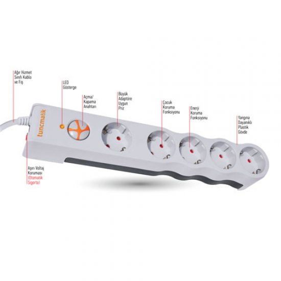 Tunçmatik TSK6134 PowerSurge 5 Priz 1050 Joule Enerji Koruma BEYAZ