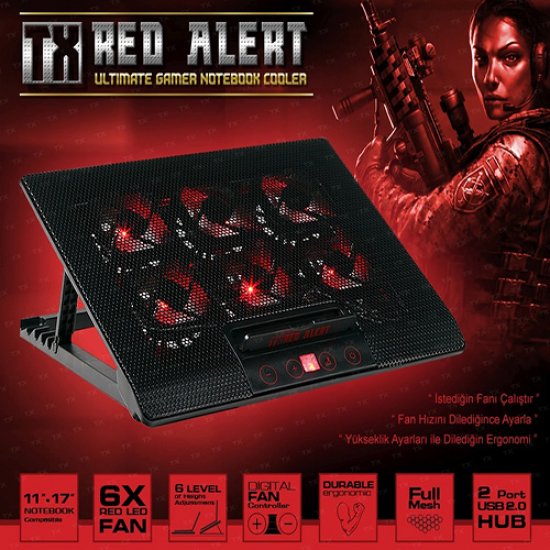 TX Red Alert TXACNBRED 11 - 17 Gaming Notebook Soğutucu / Stand Siyah 6 Kad. Yükseklik + 6* Led Fan